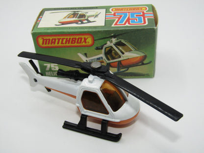 Matchbox Superfast 75D Helicopter "NO TAMPO" Amber Glass, Black Legs Orange Base