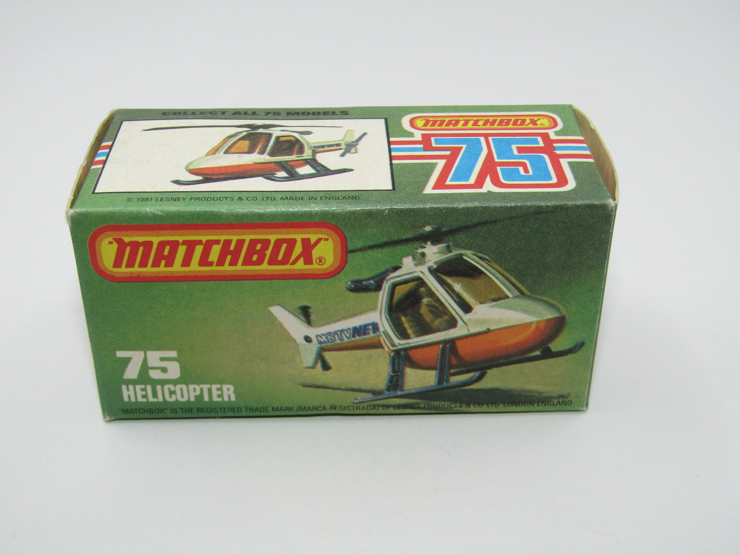 Matchbox Superfast 75D Helicopter "NO TAMPO" Amber Glass, Black Legs Orange Base