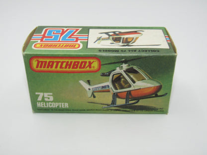 Matchbox Superfast 75D Helicopter "NO TAMPO" Amber Glass, Black Legs Orange Base