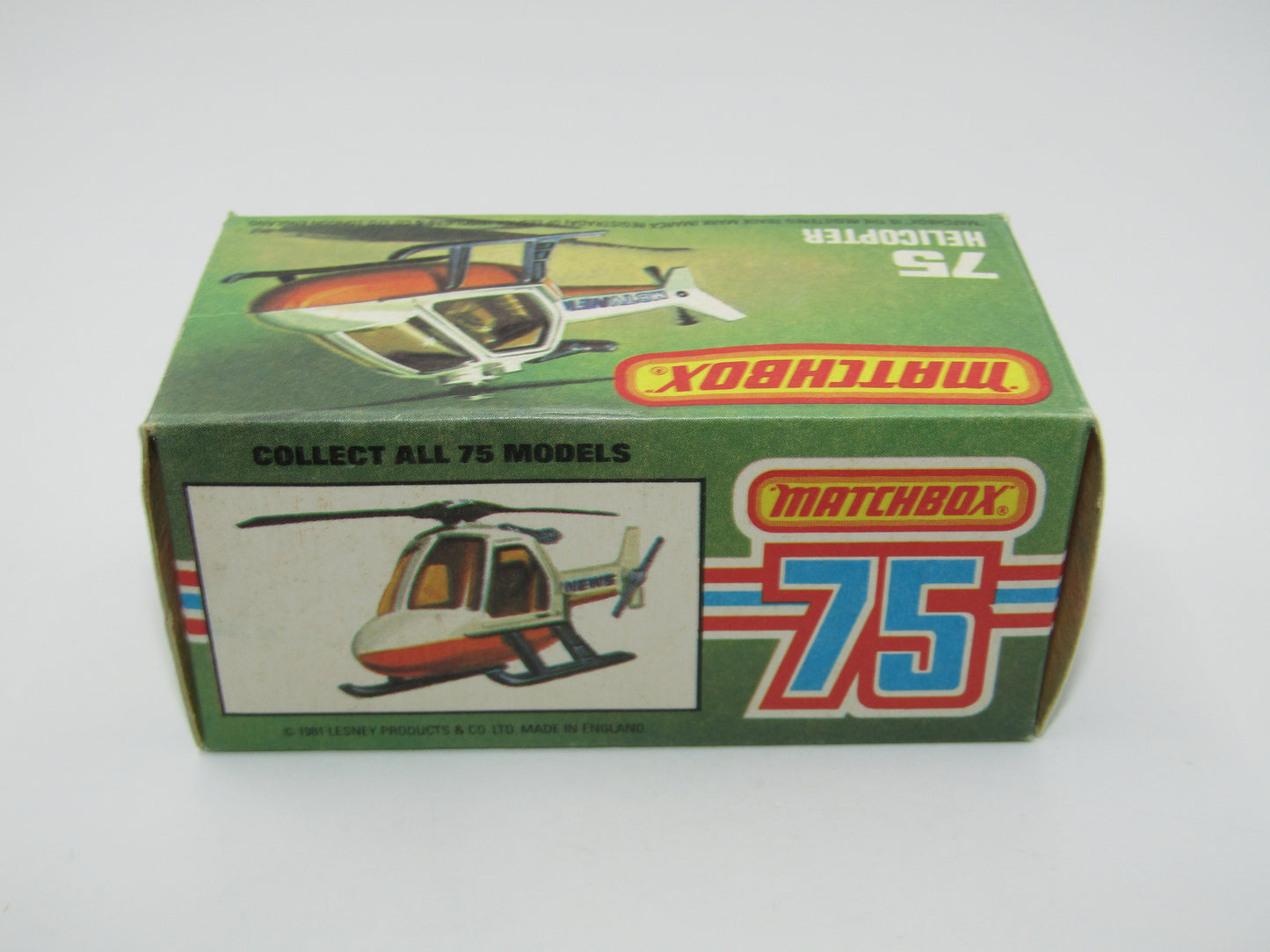 Matchbox Superfast 75D Helicopter "NO TAMPO" Amber Glass, Black Legs Orange Base