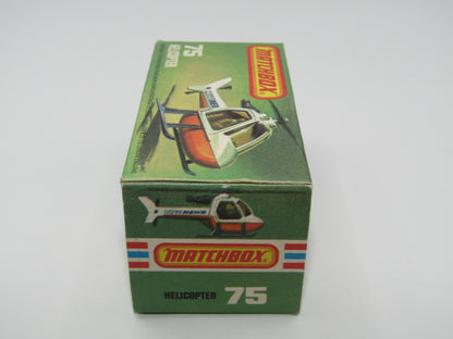 Matchbox Superfast 75D Helicopter "NO TAMPO" Amber Glass, Black Legs Orange Base