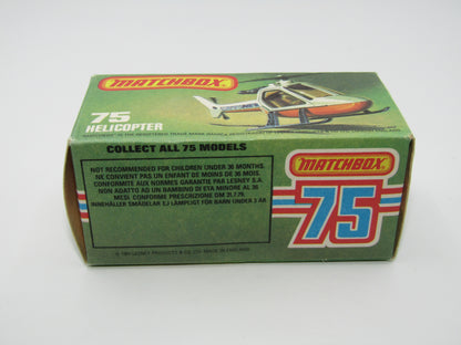 Matchbox Superfast 75D Helicopter "NO TAMPO" Amber Glass, Black Legs Orange Base