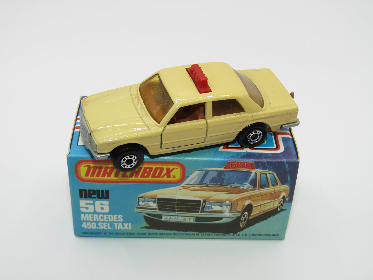 Matchbox Superfast 56D Mercedes 450SEL Taxi AMBER Win BROWN Interior