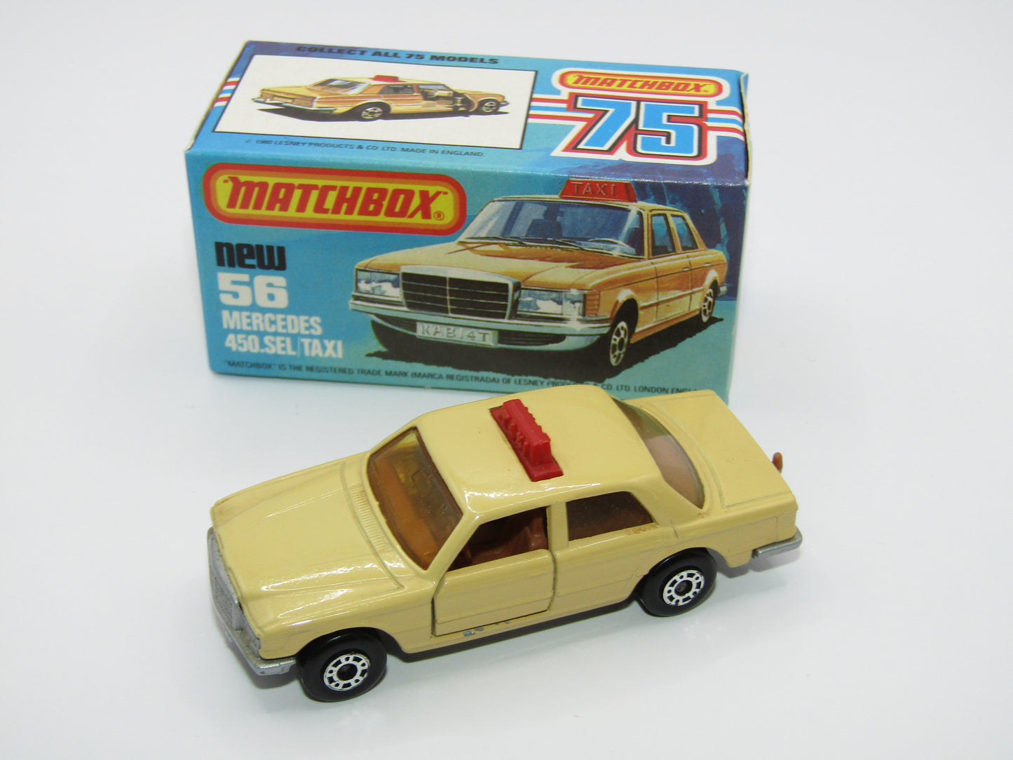 Matchbox Superfast 56D Mercedes 450SEL Taxi AMBER Win BROWN Interior