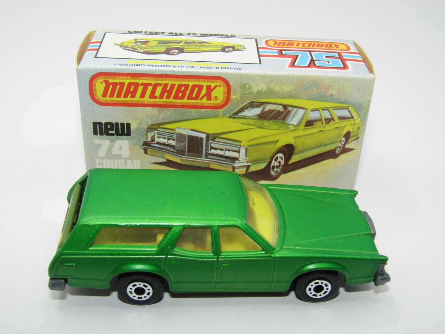 Matchbox Superfast 74C Cougar Villager DARK Matt Green Yellow Interior Clear Windows