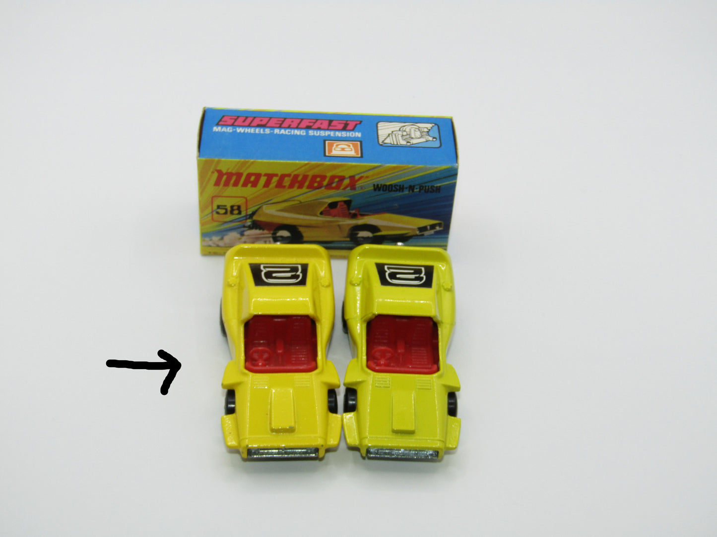 Matchbox Superfast 58B Woosh N Push DARK YELLOW "2" Label