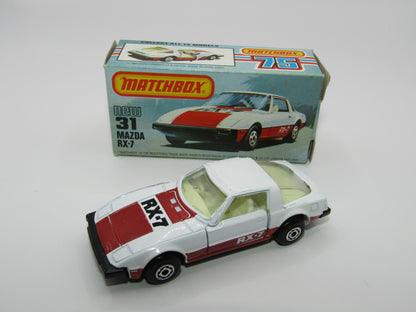 Matchbox Superfast No 31D Mazda RX-7 MALTESE CROSS Wheels Thick Red Stripe USA Picture Box