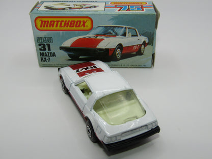 Matchbox Superfast No 31D Mazda RX-7 MALTESE CROSS Wheels Thick Red Stripe USA Picture Box