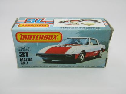 Matchbox Superfast No 31D Mazda RX-7 MALTESE CROSS Wheels Thick Red Stripe USA Picture Box