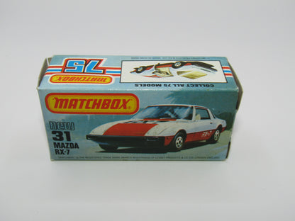 Matchbox Superfast No 31D Mazda RX-7 Thin Red Stripe 5 Spoke Wheels USA Picture Box