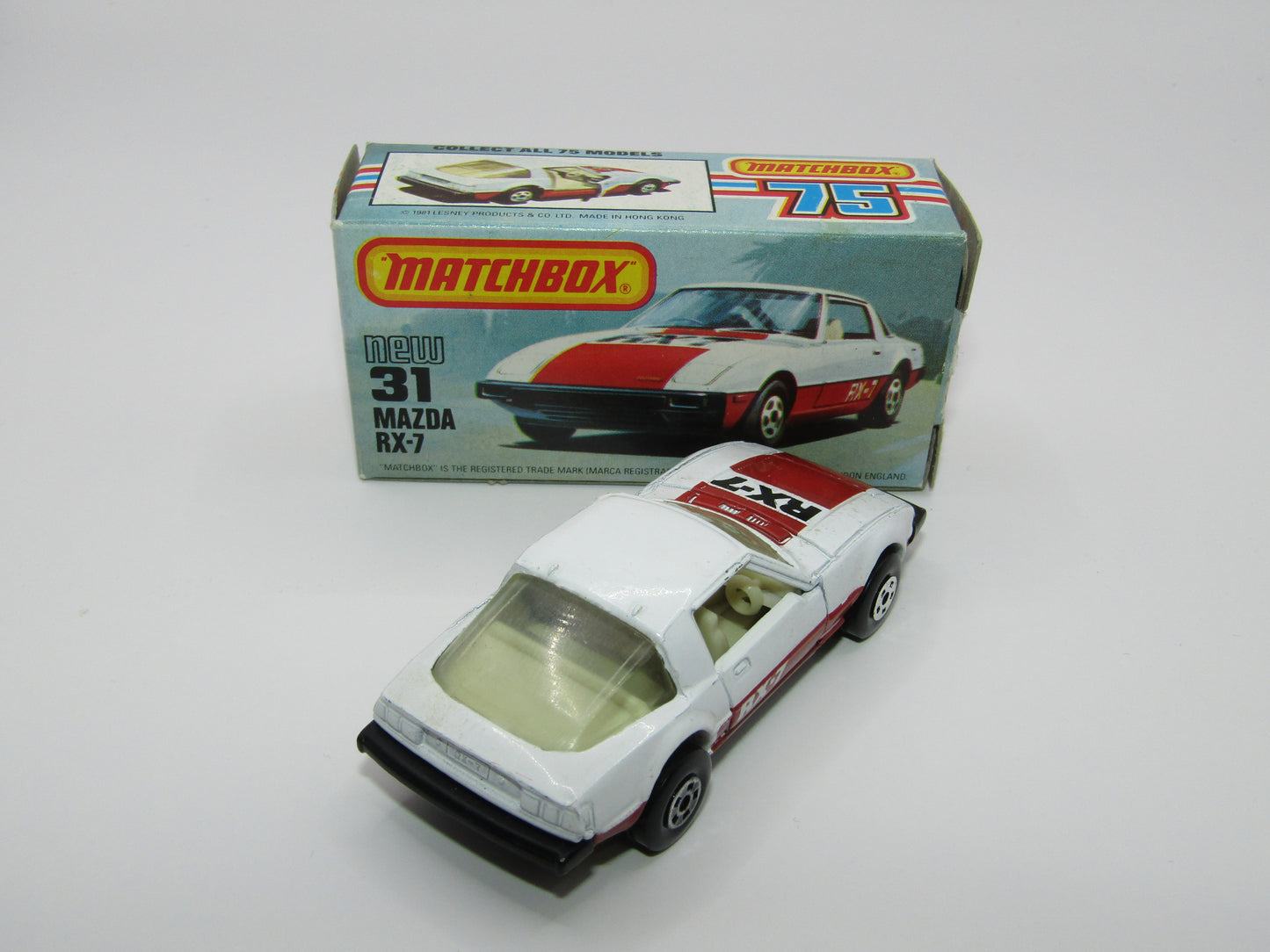 Matchbox Superfast No 31D Mazda RX-7 Thick Red Stripe 5 Spoke Wheels USA Picture Box