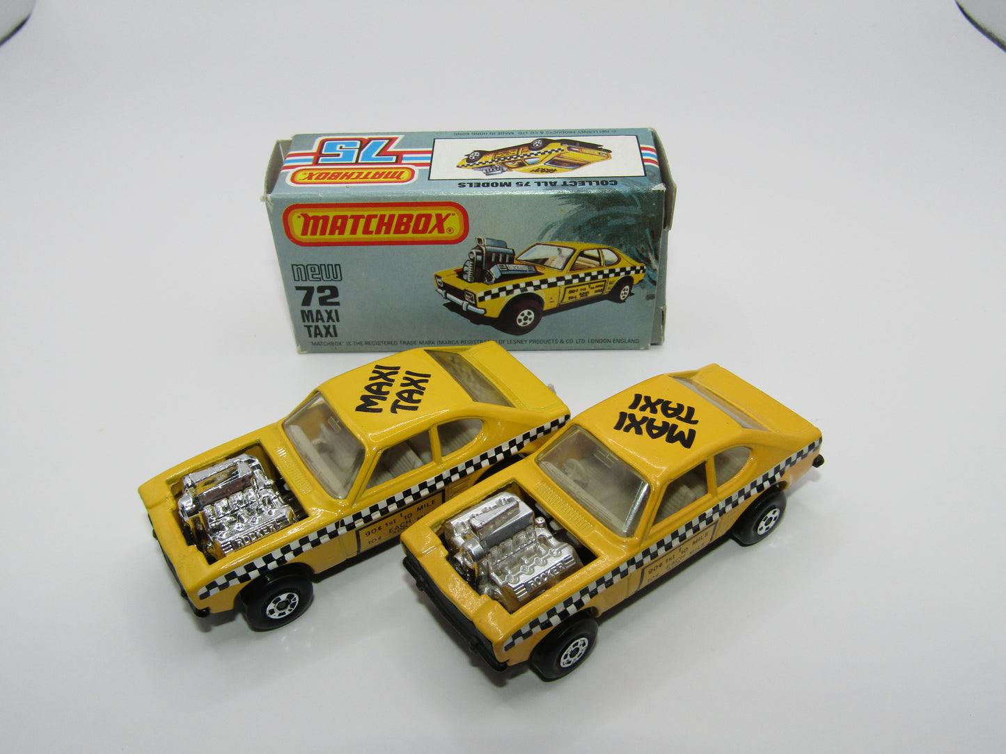 Matchbox Superfast No 72D Maxi Taxi REVERSED TAMPO 5 Spoke Wheels USA Picture Box