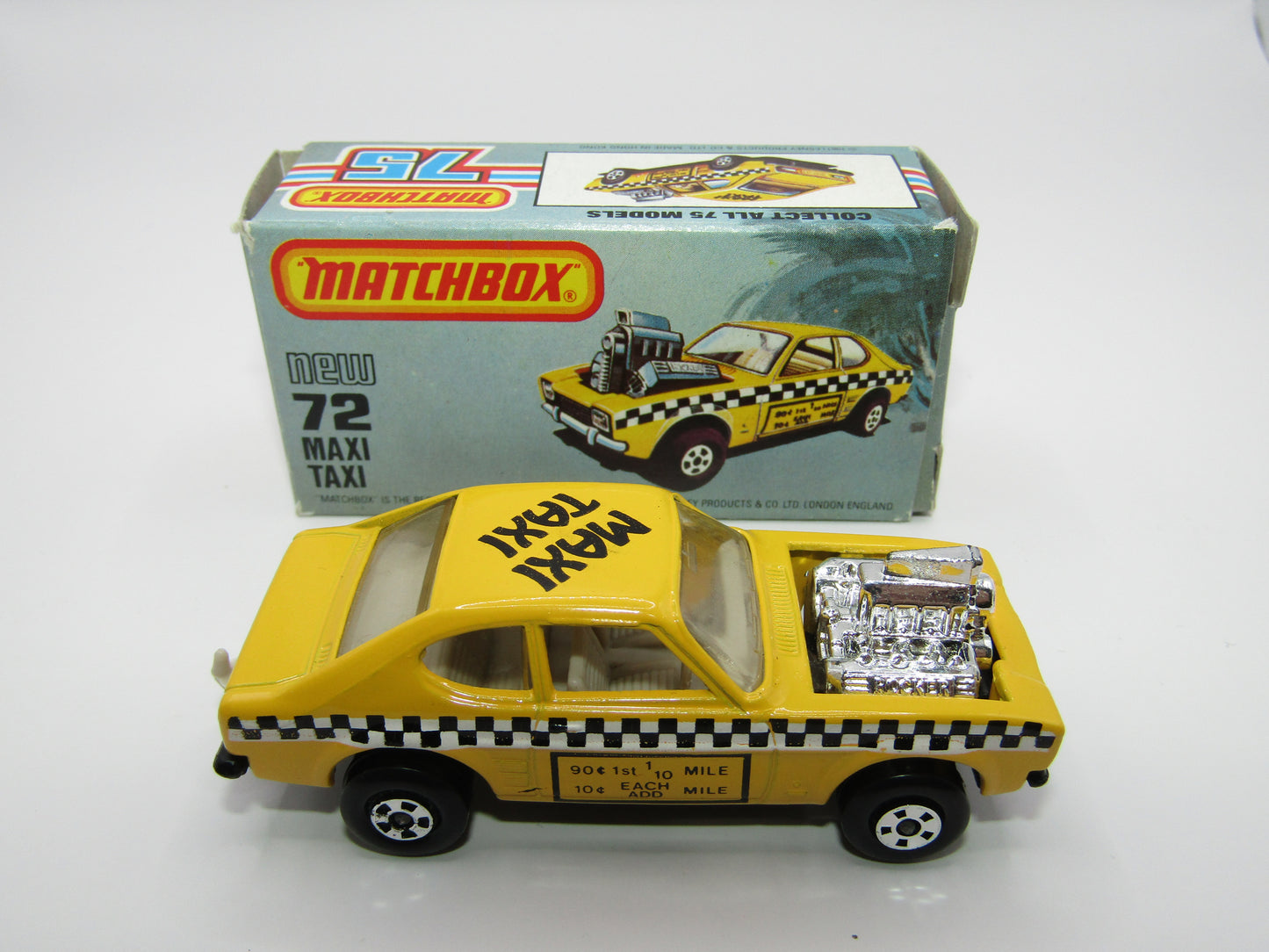 Matchbox Superfast No 72D Maxi Taxi REVERSED TAMPO 5 Spoke Wheels USA Picture Box