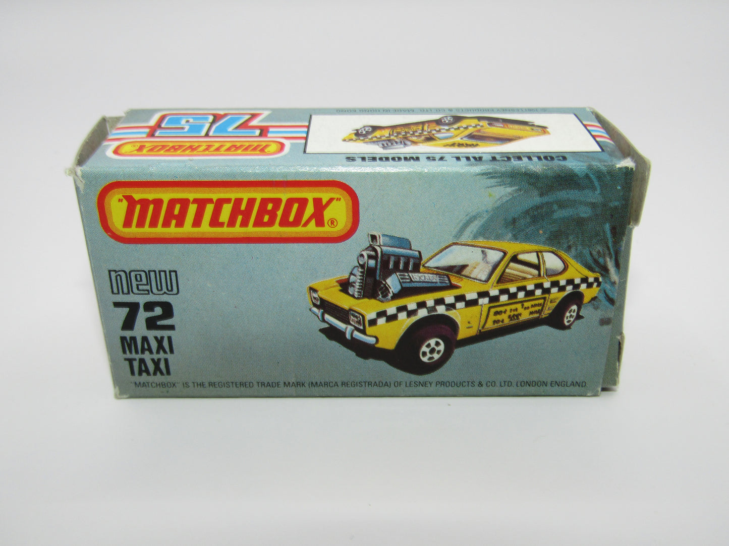Matchbox Superfast No 72D Maxi Taxi REVERSED TAMPO 5 Spoke Wheels USA Picture Box