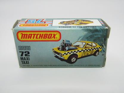 Matchbox Superfast No 72D Maxi Taxi REVERSED TAMPO 5 Spoke Wheels USA Picture Box