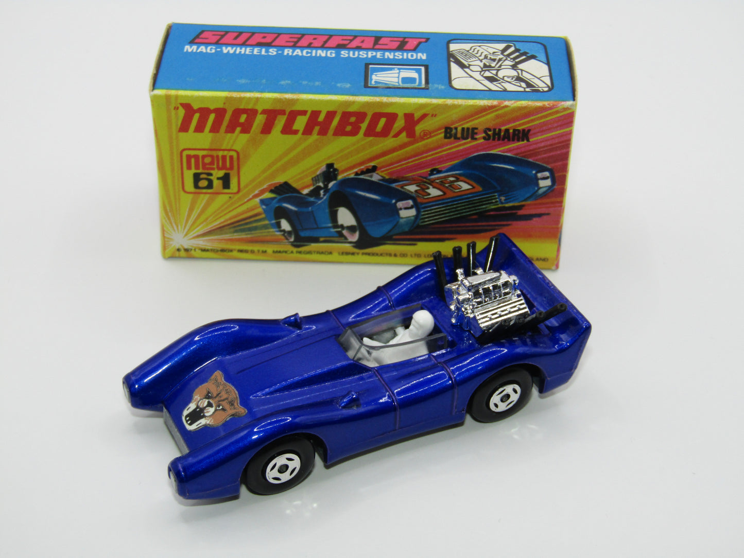 Matchbox Superfast 61B Blue Shark BROWN WILDCAT Label & SILVER Base