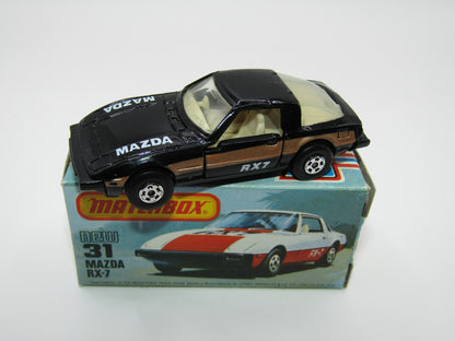Matchbox Superfast No 31D Mazda RX-7 Black, Gold Stripe, 5 Spoke Wheels, USA Picture Box