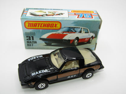 Matchbox Superfast No 31D Mazda RX-7 Black, Gold Stripe, 5 Spoke Wheels, USA Picture Box