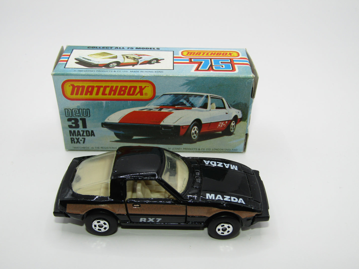 Matchbox Superfast No 31D Mazda RX-7 Black, Gold Stripe, 5 Spoke Wheels, USA Picture Box