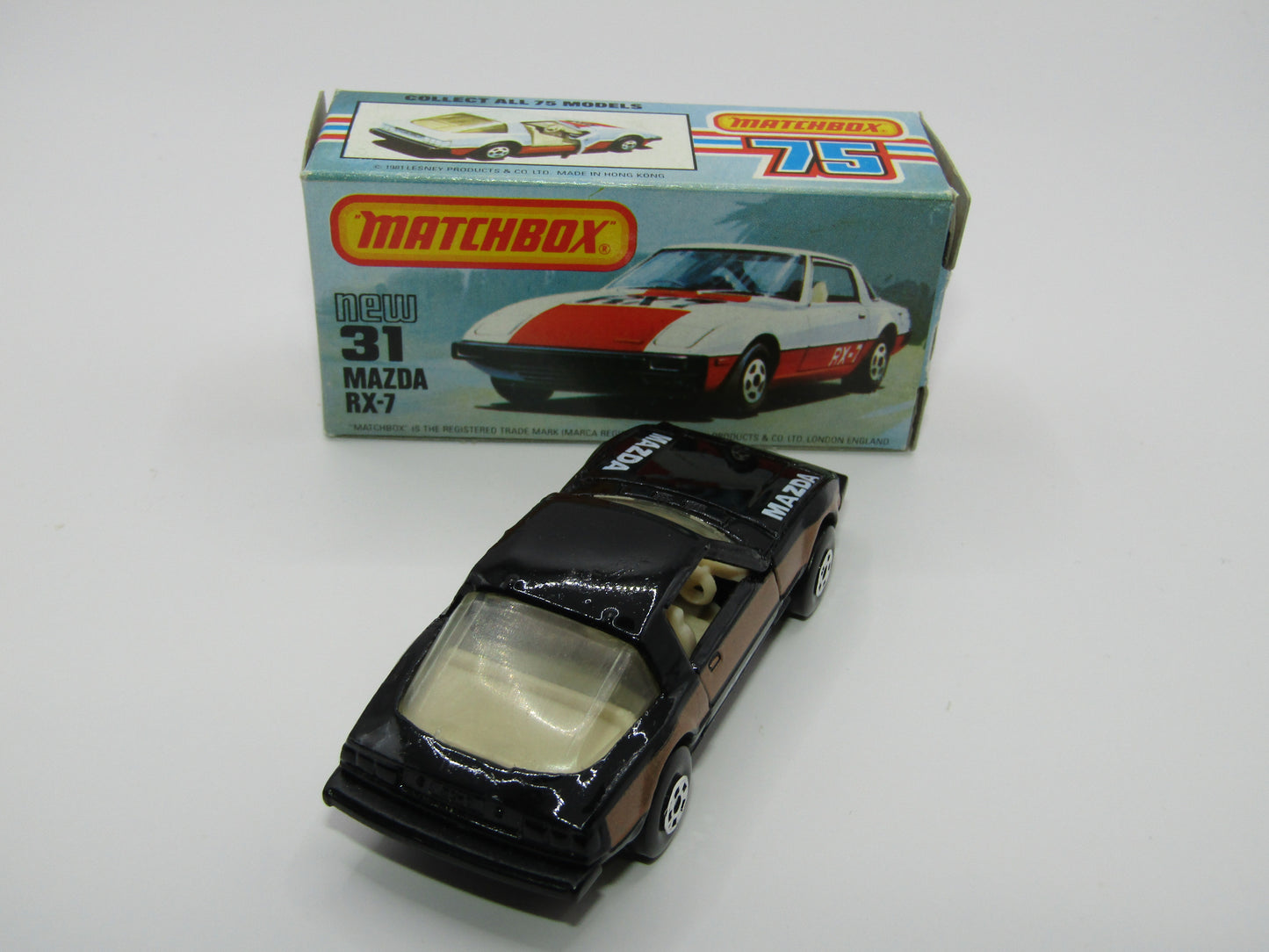 Matchbox Superfast No 31D Mazda RX-7 Black, Gold Stripe, 5 Spoke Wheels, USA Picture Box