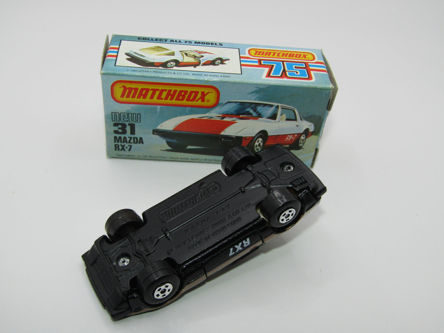 Matchbox Superfast No 31D Mazda RX-7 Black, Gold Stripe, 5 Spoke Wheels, USA Picture Box