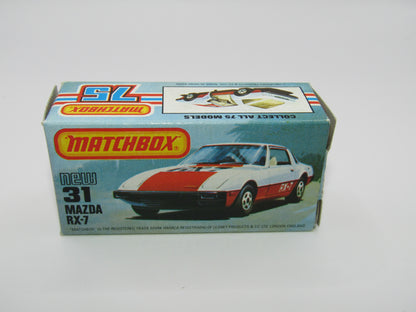 Matchbox Superfast No 31D Mazda RX-7 Black, Gold Stripe, 5 Spoke Wheels, USA Picture Box