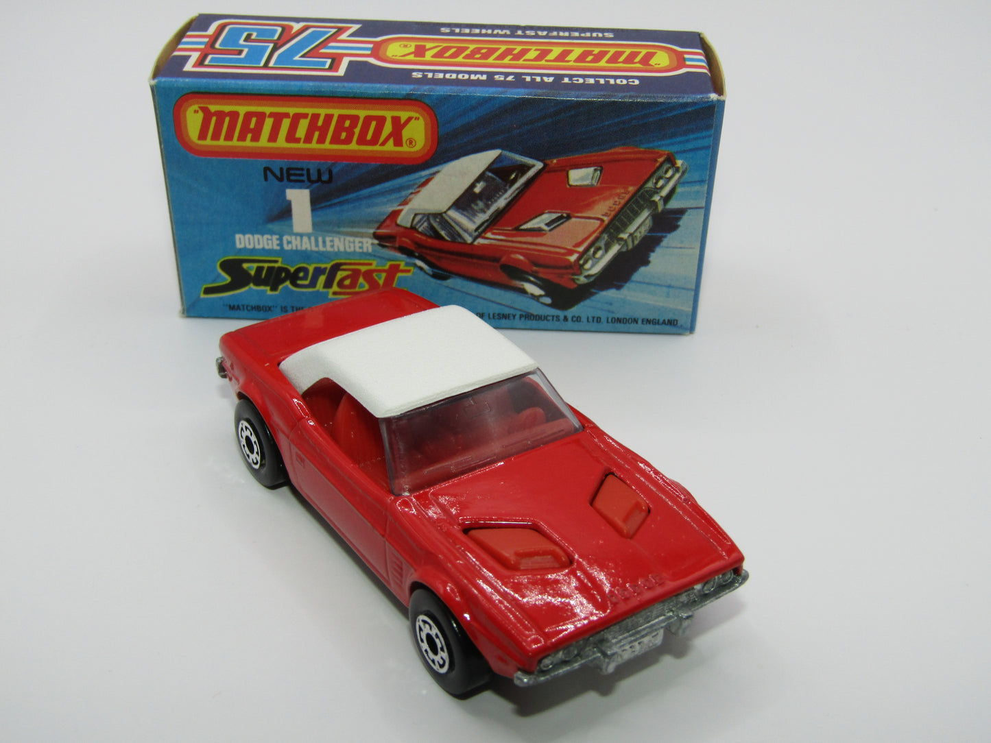 Matchbox Superfast 1C Dodge Challenger Red, RED INTERIOR SMOKE Windows
