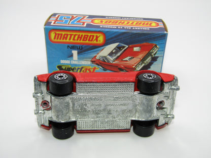 Matchbox Superfast 1C Dodge Challenger Red, RED INTERIOR SMOKE Windows