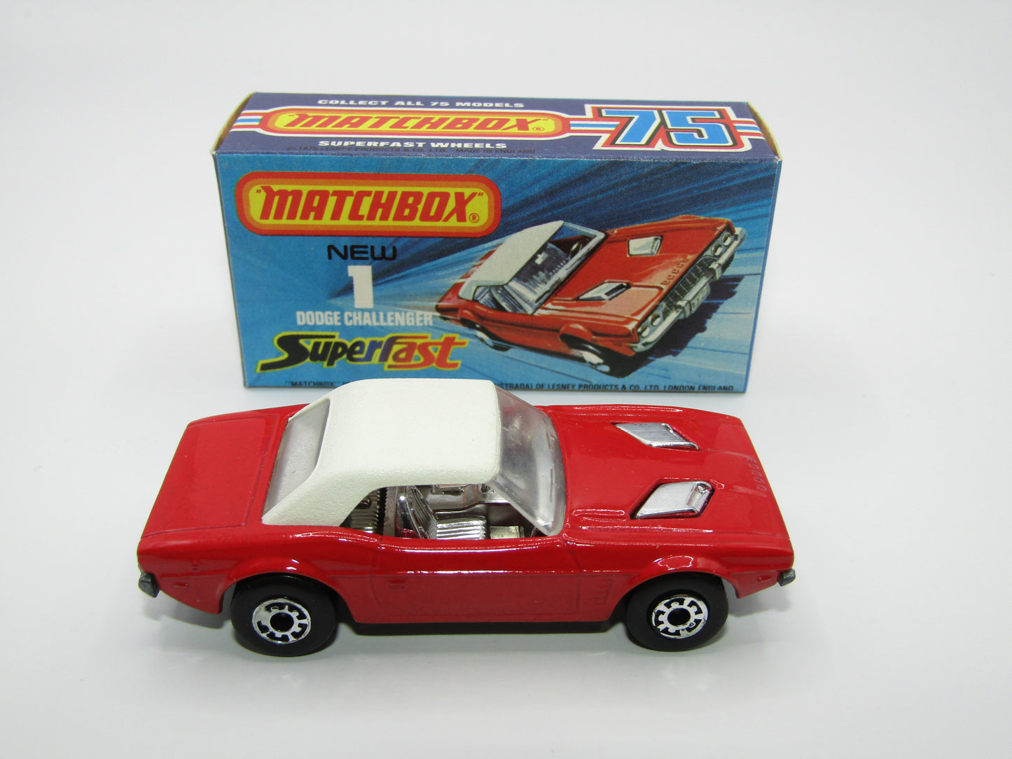 Matchbox Superfast 1C Dodge Challenger VERY DARK Red 5 Arch Wheels Chrome Int