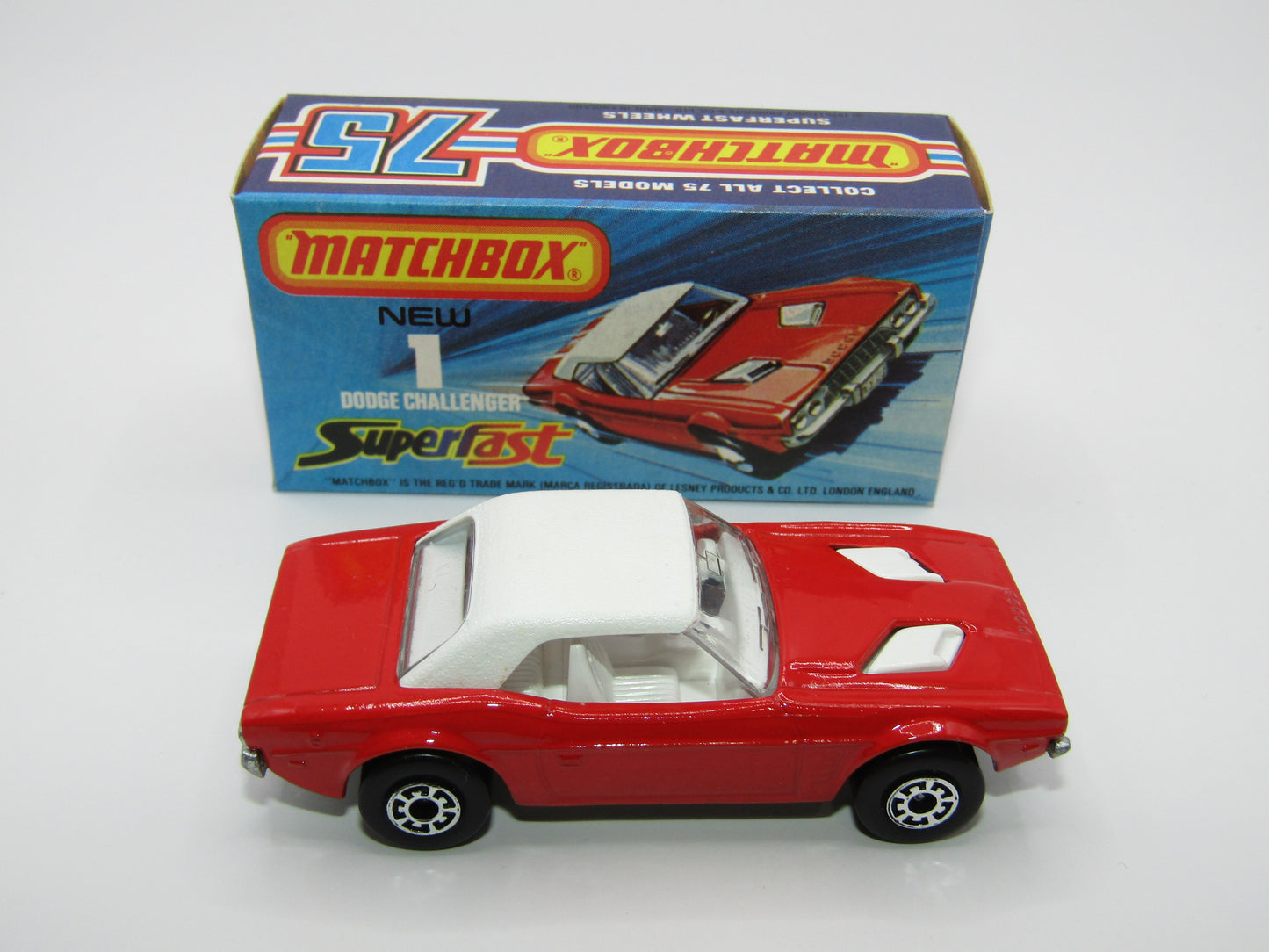 Matchbox Superfast 1C Dodge Challenger Red, WHITE Interior Clear Windows