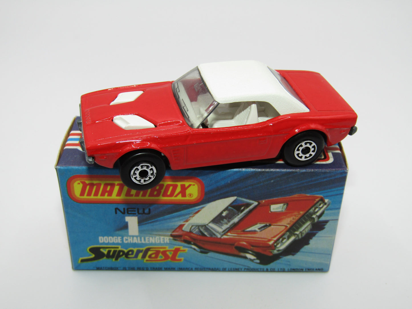 Matchbox Superfast 1C Dodge Challenger Red, WHITE Interior SMOKE Windows