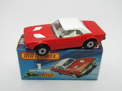 Matchbox Superfast 1C Dodge Challenger Red, WHITE Interior SMOKE Windows