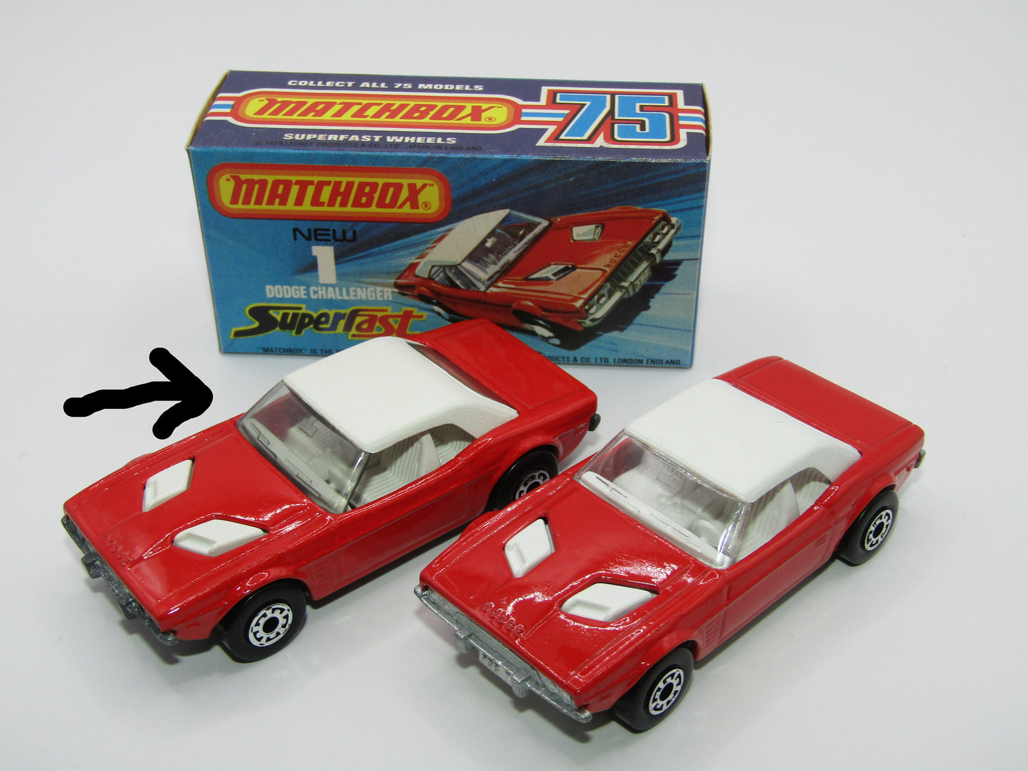 Matchbox Superfast 1C Dodge Challenger Red, WHITE Interior SMOKE Windows