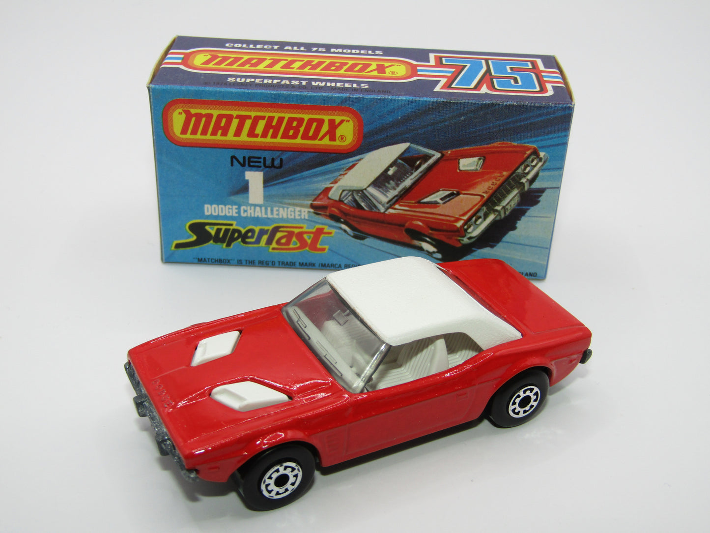 Matchbox Superfast 1C Dodge Challenger Red, WHITE Interior SMOKE Windows