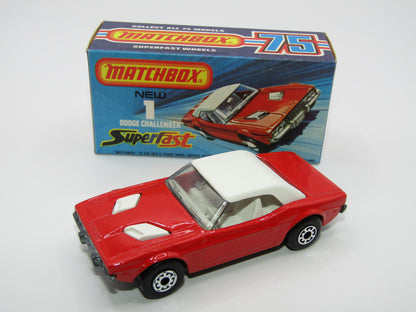 Matchbox Superfast 1C Dodge Challenger Red, WHITE Interior SMOKE Windows