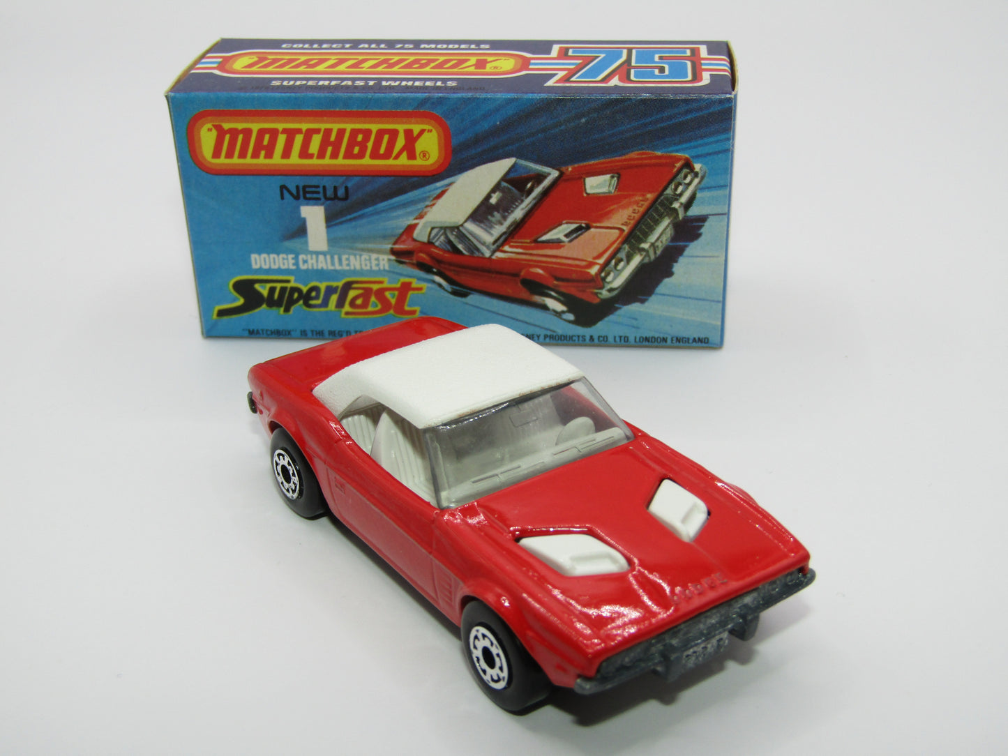 Matchbox Superfast 1C Dodge Challenger Red, WHITE Interior SMOKE Windows