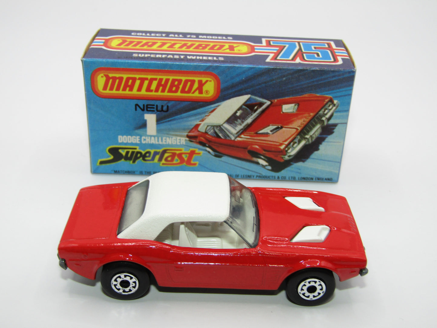 Matchbox Superfast 1C Dodge Challenger Red, WHITE Interior SMOKE Windows