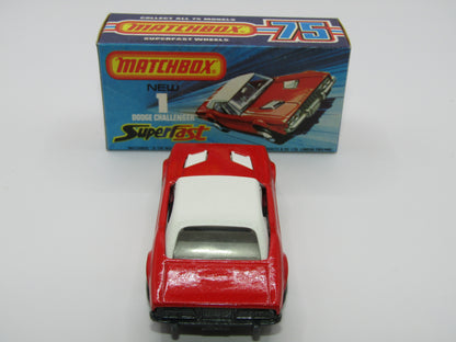 Matchbox Superfast 1C Dodge Challenger Red, WHITE Interior SMOKE Windows