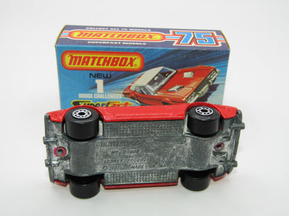 Matchbox Superfast 1C Dodge Challenger Red, WHITE Interior SMOKE Windows