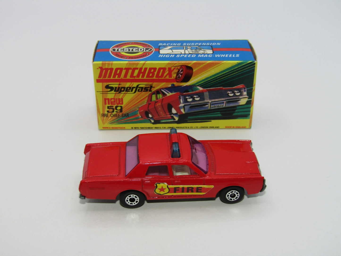 Matchbox Superfast 59B Mercury Fire Chief PURPLE Windows Blue Roof Lights
