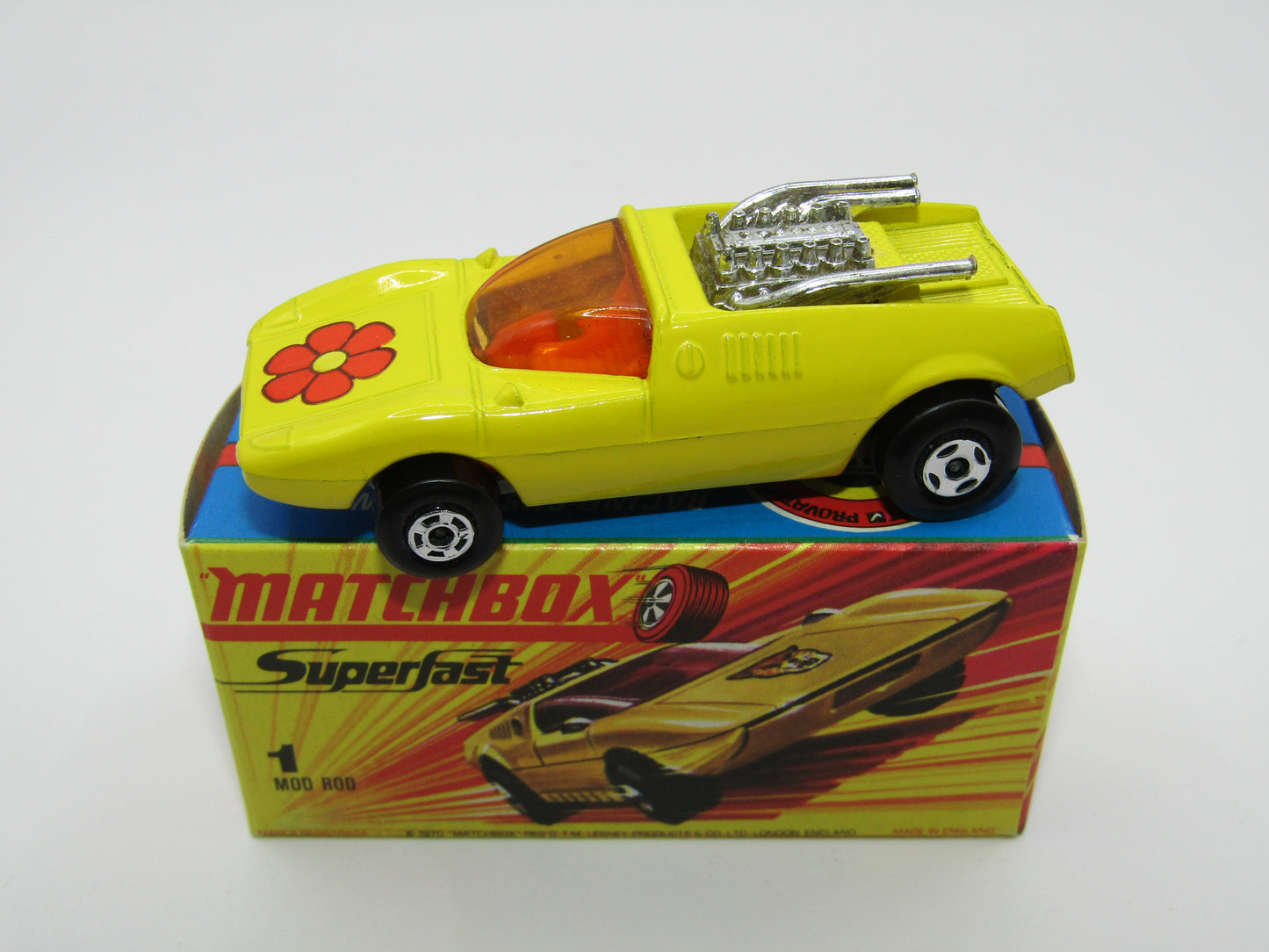 Matchbox Superfast 1B Mod Rod FLOWER Label Orange Interior Unpainted Base