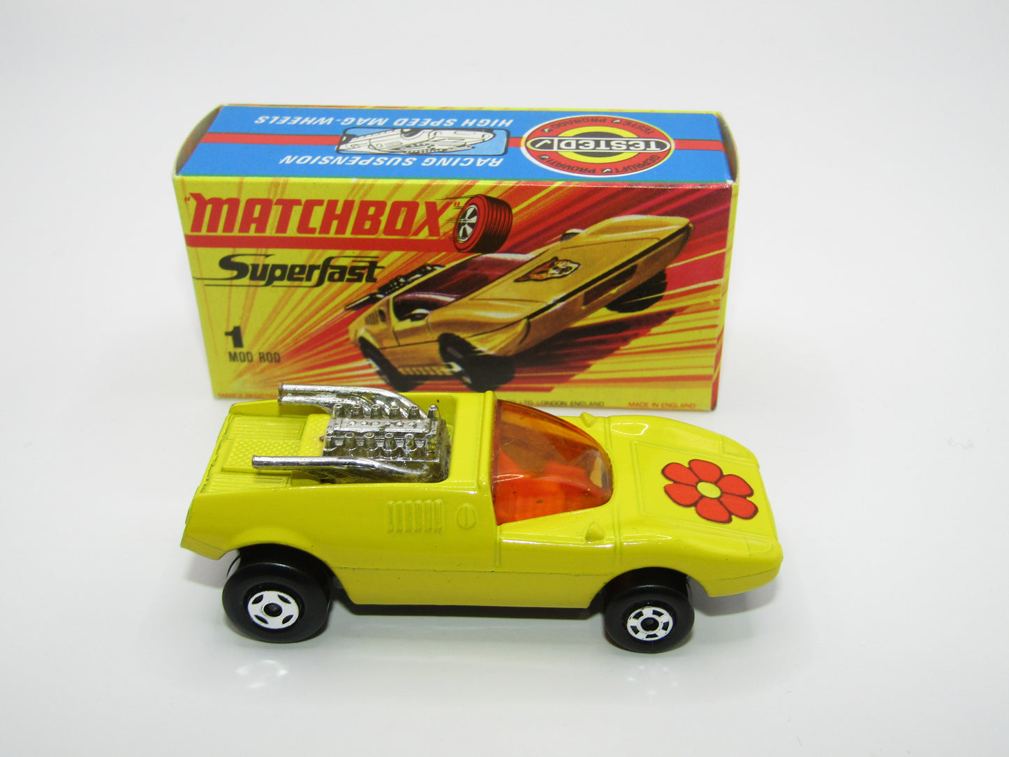 Matchbox Superfast 1B Mod Rod FLOWER Label Orange Interior Unpainted Base