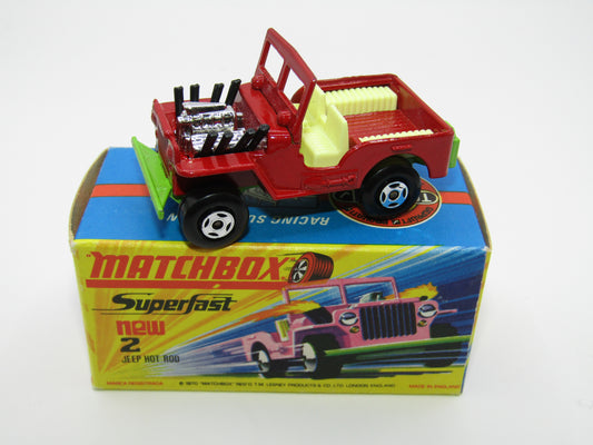 Matchbox Superfast 2B Jeep Hot Rod Red, GREEN Base 4 Spoke Wheels