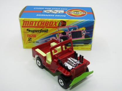 Matchbox Superfast 2B Jeep Hot Rod Red, GREEN Base 4 Spoke Wheels