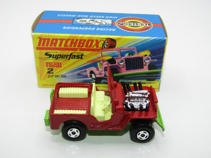 Matchbox Superfast 2B Jeep Hot Rod Red, GREEN Base 4 Spoke Wheels