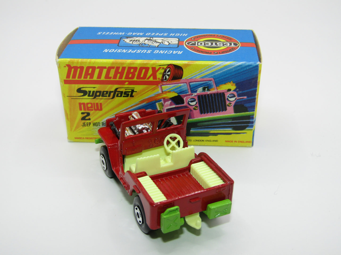 Matchbox Superfast 2B Jeep Hot Rod Red, GREEN Base 4 Spoke Wheels