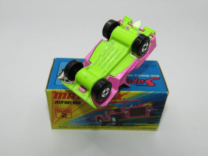 Matchbox Superfast 2B Jeep Hot Rod, Dark PINK Dayglow Yellow Green Base 4 Spoke Wheels
