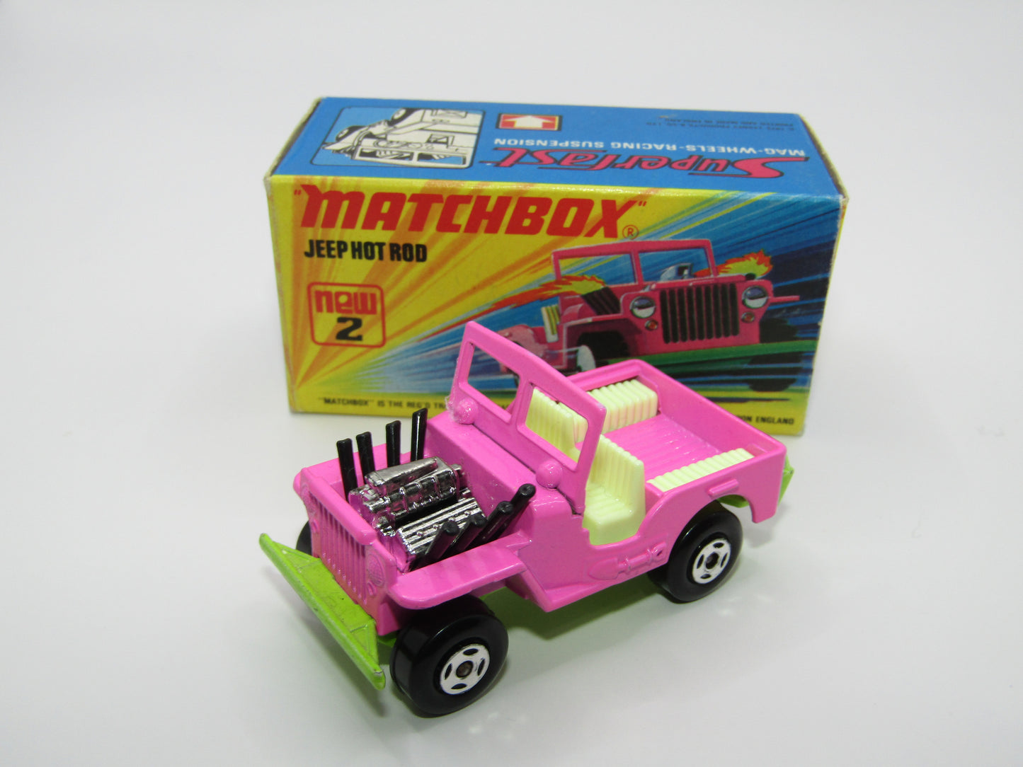 Matchbox Superfast 2B Jeep Hot Rod, Dark PINK Dayglow Yellow Green Base 4 Spoke Wheels
