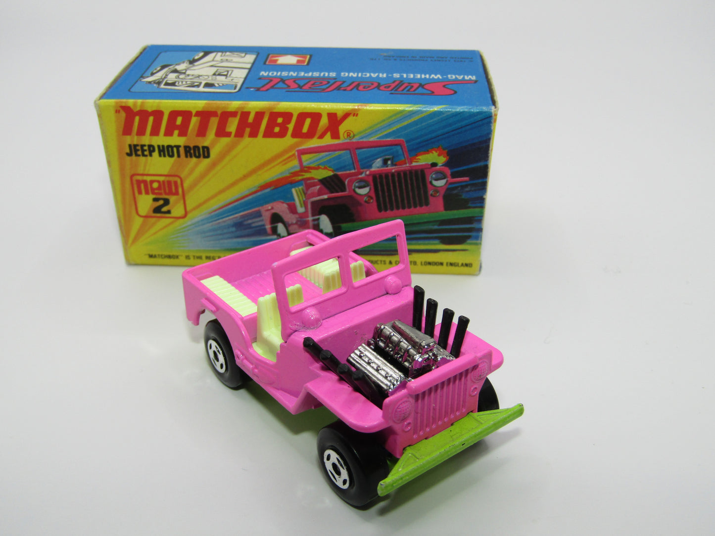 Matchbox Superfast 2B Jeep Hot Rod, Dark PINK Dayglow Yellow Green Base 4 Spoke Wheels