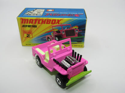 Matchbox Superfast 2B Jeep Hot Rod, Dark PINK Dayglow Yellow Green Base 4 Spoke Wheels